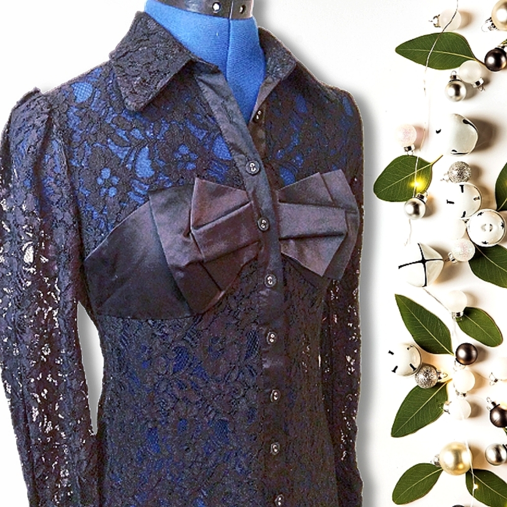 Twelve by Twelve | Black Lace Longsleeve Button-down Blouse with Satin Bow